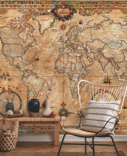 Weltkarten-Wandbild im Vintage-Stil namens Pergament Map von Ray & Co für Schulen und Hochschulen Weltkarten-Wandbild im Vintage-Stil namens Pergament Map von Ray & Co für Schulen und Hochschulen