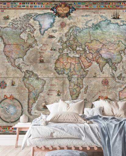 mural detallado de un mapa del mundo retro llamado Retro World Map de Ray & Co para escuelas y oficinas mural detallado de un mapa del mundo retro llamado Retro World Map de Ray & Co para escuelas y oficinas