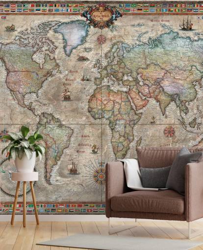 detailed retro world map wallpaper mural called Retro World Map by Ray & Co for schools and offices detailed retro world map wallpaper mural called Retro World Map by Ray & Co for schools and offices
