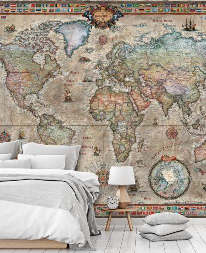 detaljert retro verdenskart tapetmaleri kalt Retro World Map av Ray & Co for skoler og kontorer detaljert retro verdenskart tapetmaleri kalt Retro World Map av Ray & Co for skoler og kontorer
