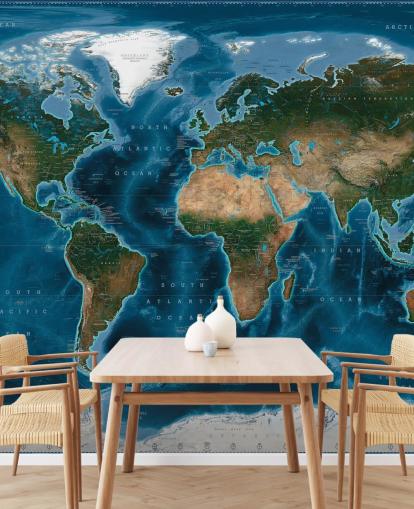 blue and green world map wallpaper mural called Satellite Map by Ray & Co blue and green world map wallpaper mural called Satellite Map by Ray & Co