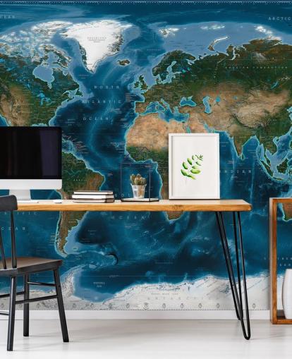 blue and green world map wallpaper mural called Satellite Map by Ray & Co blue and green world map wallpaper mural called Satellite Map by Ray & Co