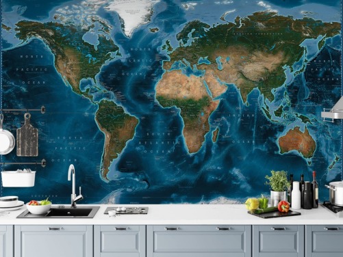 mural de papel de parede de mapa mundial azul e verde chamado Satellite Map by Ray & Co