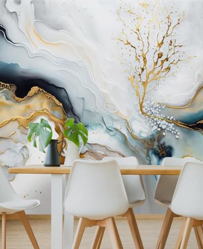 zwart-witte en gouden aquarelbehangmuurschildering genaamd White and Gold Ink voor badkamers, keukens en woonkamers zwart-witte en gouden aquarelbehangmuurschildering genaamd White and Gold Ink voor badkamers, keukens en woonkamers