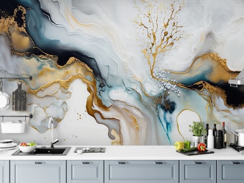 black, white and gold watercolor wallpaper mural called White and Gold Ink for bathrooms, kitchens and living rooms