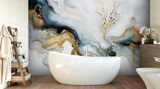 zwart-witte en gouden aquarelbehangmuurschildering genaamd White and Gold Ink voor badkamers, keukens en woonkamers