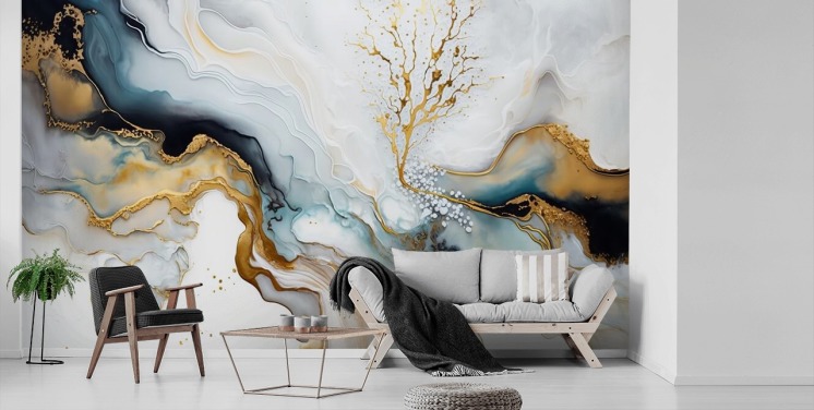 svart, hvitt og gull akvarell tapet veggmaleri kalt White and Gold Ink for bad, kjøkken og stuer