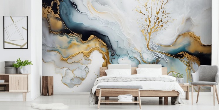 svart, hvitt og gull akvarell tapet veggmaleri kalt White and Gold Ink for bad, kjøkken og stuer