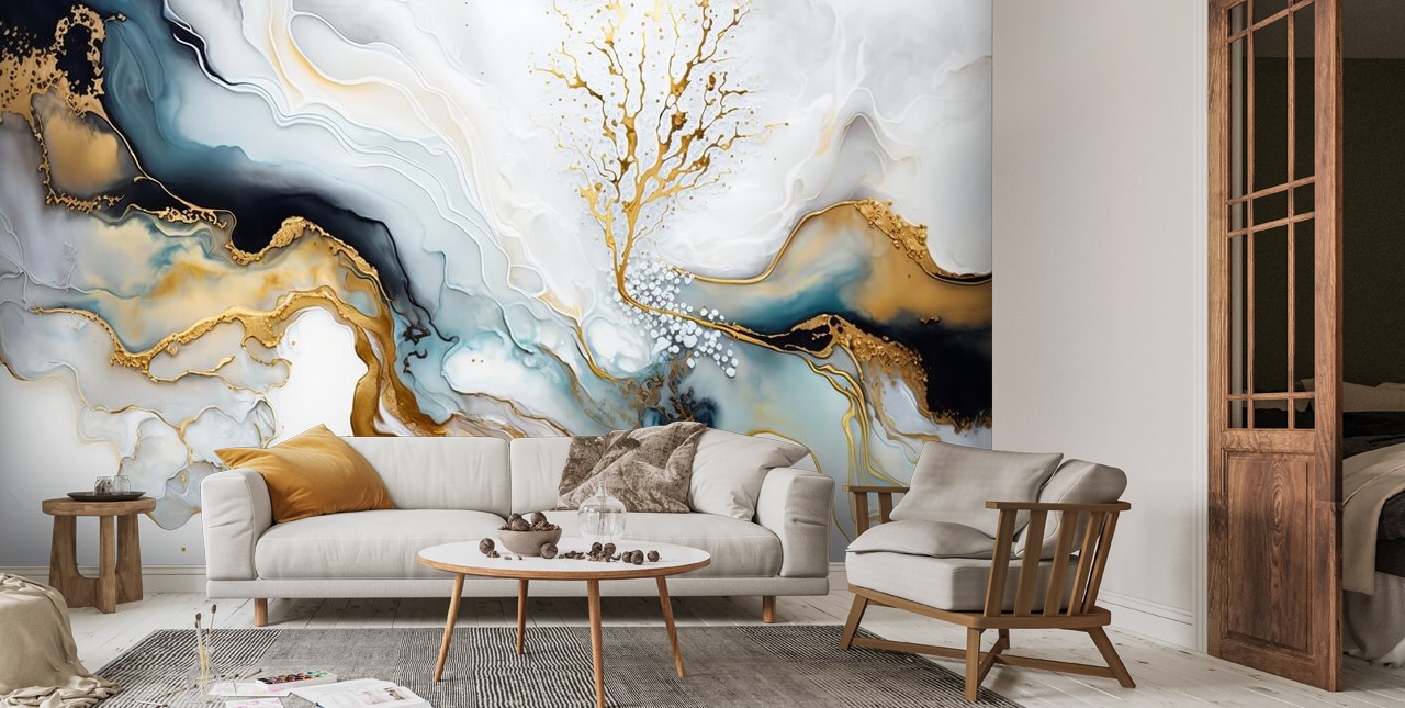 White And Gold Ink Wallpaper Mural | Wallsauce UK