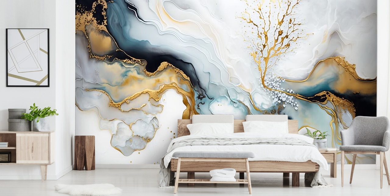 zwart-witte en gouden aquarelbehangmuurschildering genaamd White and Gold Ink voor badkamers, keukens en woonkamers