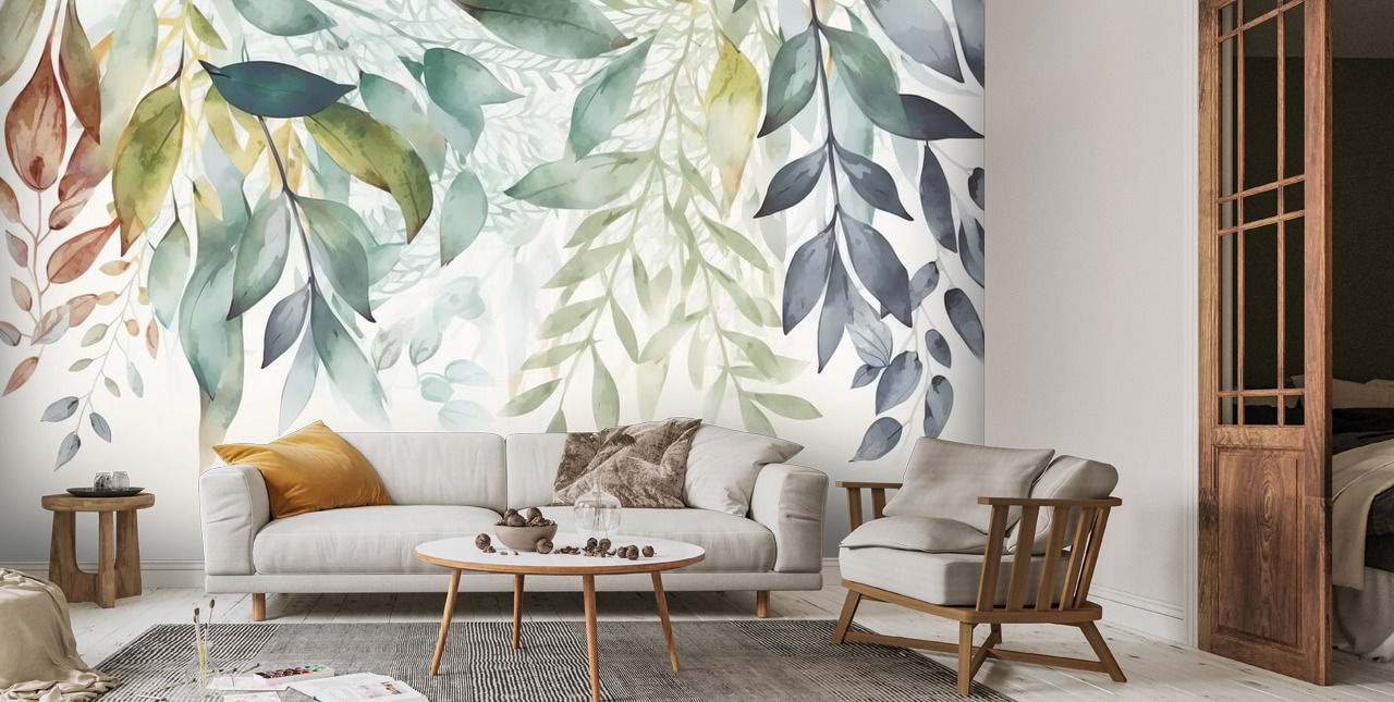 Hanging Leaves Painting Wallpaper Mural | Wallsauce UK