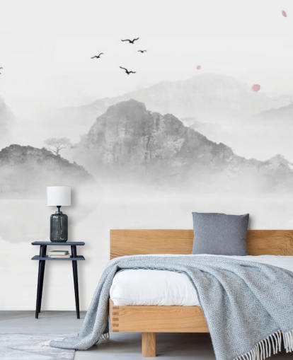 mustavalkoinen itämainen taustakuvamaalaus nimeltä Chinese Ink Landscape koteihin, toimistoihin ja yrityksiin mustavalkoinen itämainen taustakuvamaalaus nimeltä Chinese Ink Landscape koteihin, toimistoihin ja yrityksiin