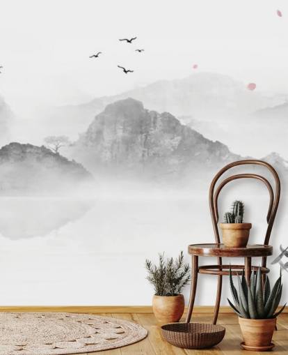svart og hvitt orientalsk tapetmaleri kalt Chinese Ink Landscape for hjem, kontorer og bedrifter svart og hvitt orientalsk tapetmaleri kalt Chinese Ink Landscape for hjem, kontorer og bedrifter