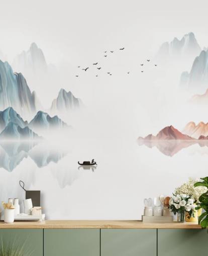 blue and white oriental mural called Blue Chinese Landscape for bedrooms, living rooms and dining rooms blue and white oriental mural called Blue Chinese Landscape for bedrooms, living rooms and dining rooms