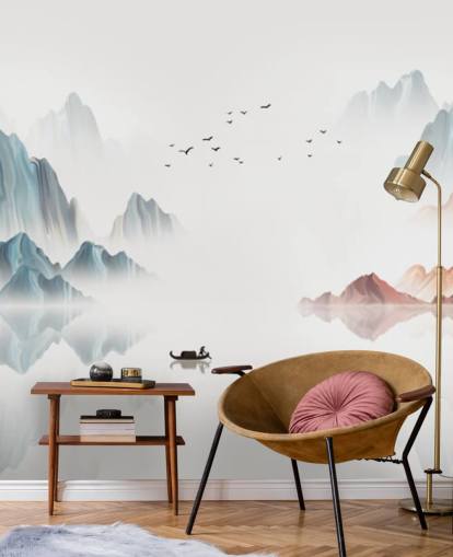 mural oriental azul y blanco llamado Blue Chinese Landscape para dormitorios, salas de estar y comedores mural oriental azul y blanco llamado Blue Chinese Landscape para dormitorios, salas de estar y comedores