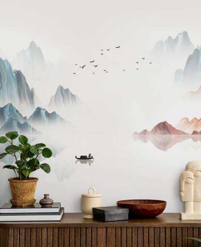 blue and white oriental mural called Blue Chinese Landscape for bedrooms, living rooms and dining rooms blue and white oriental mural called Blue Chinese Landscape for bedrooms, living rooms and dining rooms