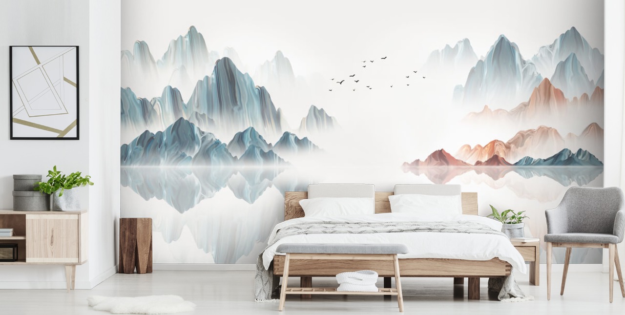 sinivalkoinen itämainen seinämaalaus nimeltä Blue Chinese Landscape makuuhuoneisiin, olohuoneisiin ja ruokasaleihin sinivalkoinen itämainen seinämaalaus nimeltä Blue Chinese Landscape makuuhuoneisiin, olohuoneisiin ja ruokasaleihin