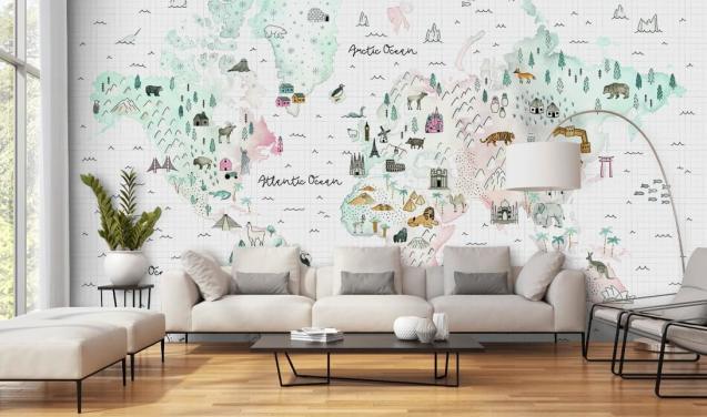 pastel map mural for kids bedroom