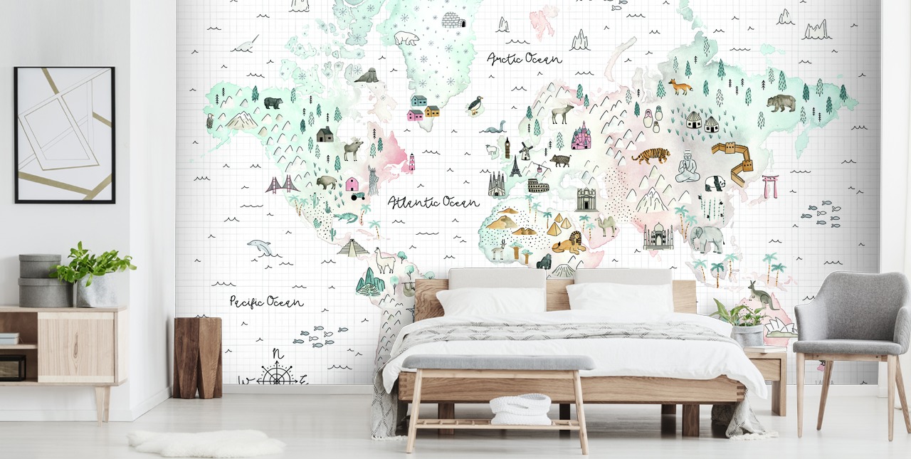 mural de mapa pastel para dormitorio infantil mural de mapa pastel para dormitorio infantil