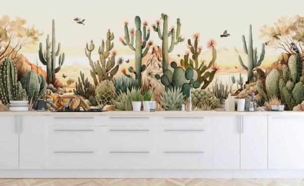 brown and green cactus wallpaper mural called Desert Cacti for bedrooms and businesses