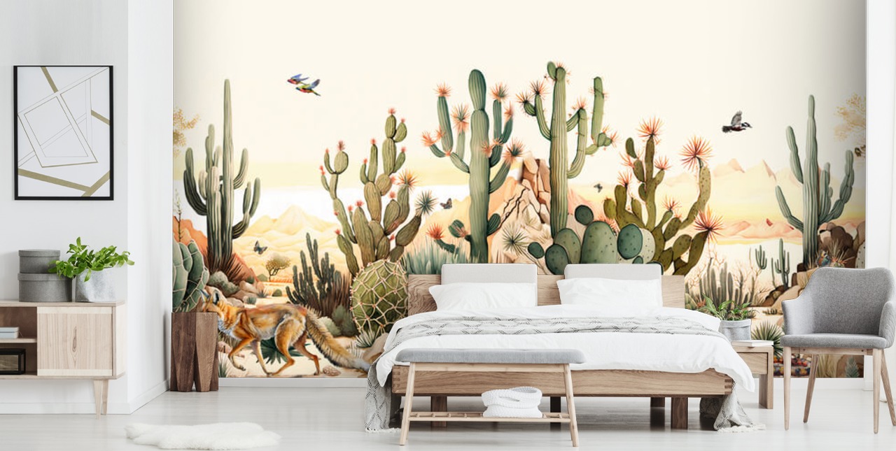 brown and green cactus wallpaper mural called Desert Cacti for bedrooms and businesses
