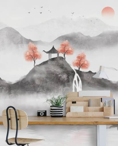 Fotobehang Chinees schilderij van Guochao vissersboot Fotobehang Chinees schilderij van Guochao vissersboot