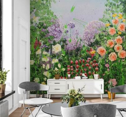 Blommigt landskap stuga trädgårdsväggmålning