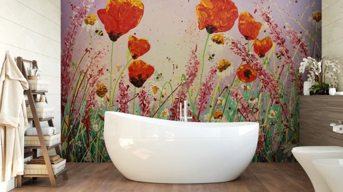 poppies and daisy flowers in a meadow mural