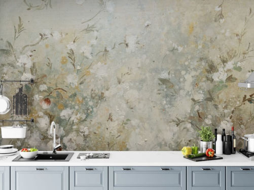 mural de papel pintado floral beige neutro