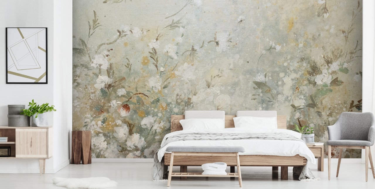 mural de papel pintado floral beige neutro