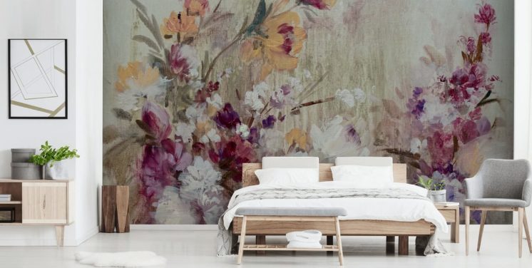 neutralt blomstertapet vægmaleri