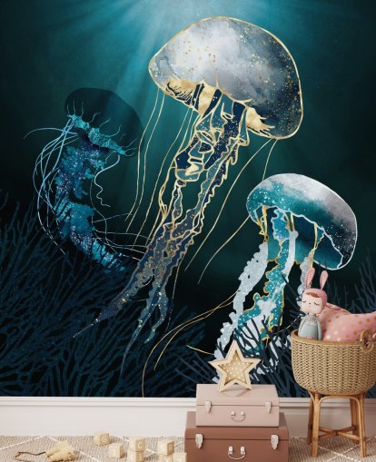 Tapeten-Wandbild mit blauen Quallen Tapeten-Wandbild mit blauen Quallen