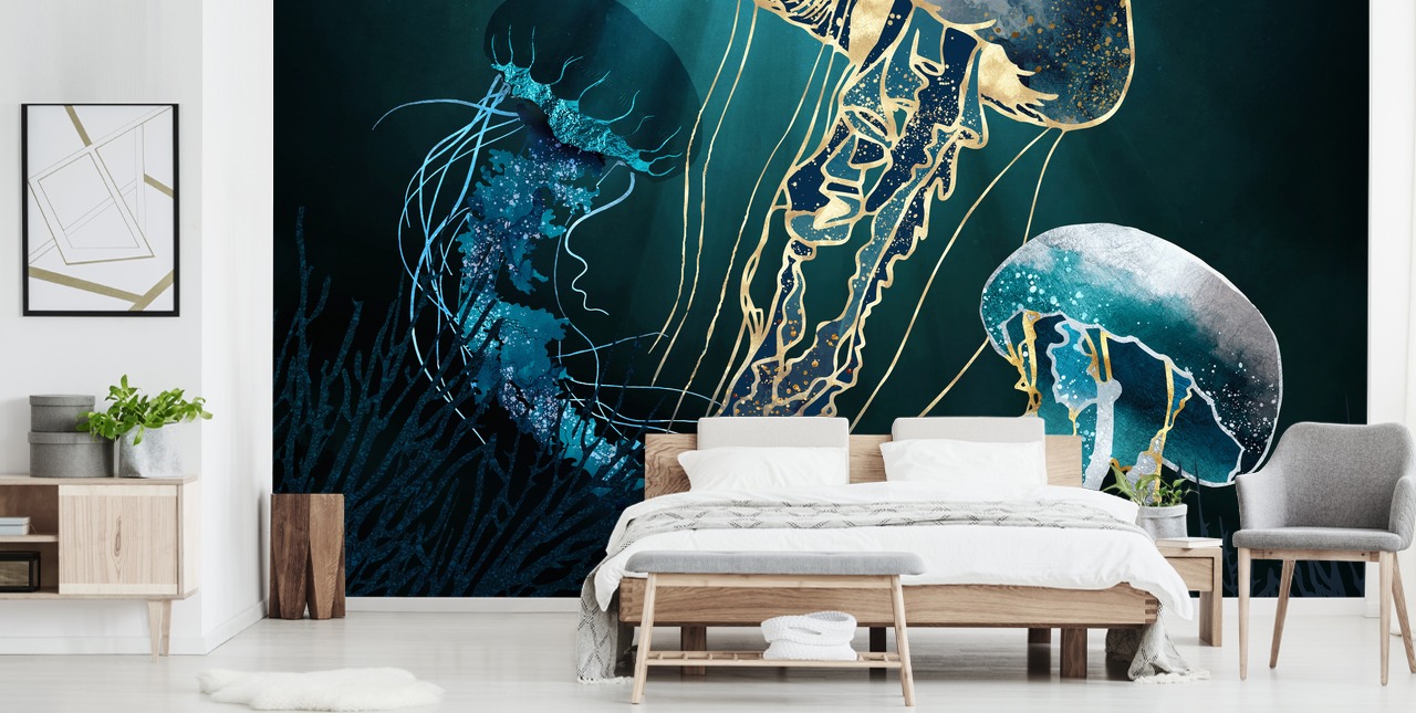 Tapeten-Wandbild mit blauen Quallen Tapeten-Wandbild mit blauen Quallen