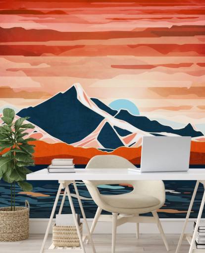 papier peint mural rétro avec coucher de soleil rouge et montagnes papier peint mural rétro avec coucher de soleil rouge et montagnes