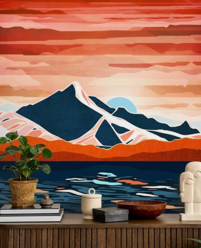 mural de papel pintado retro con puesta de sol roja y montañas mural de papel pintado retro con puesta de sol roja y montañas