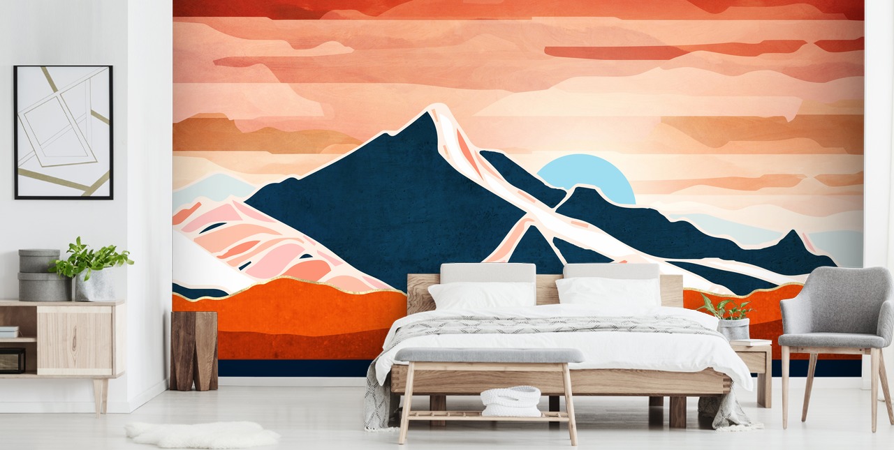 retro wallpaper mural with red sunset and mountains