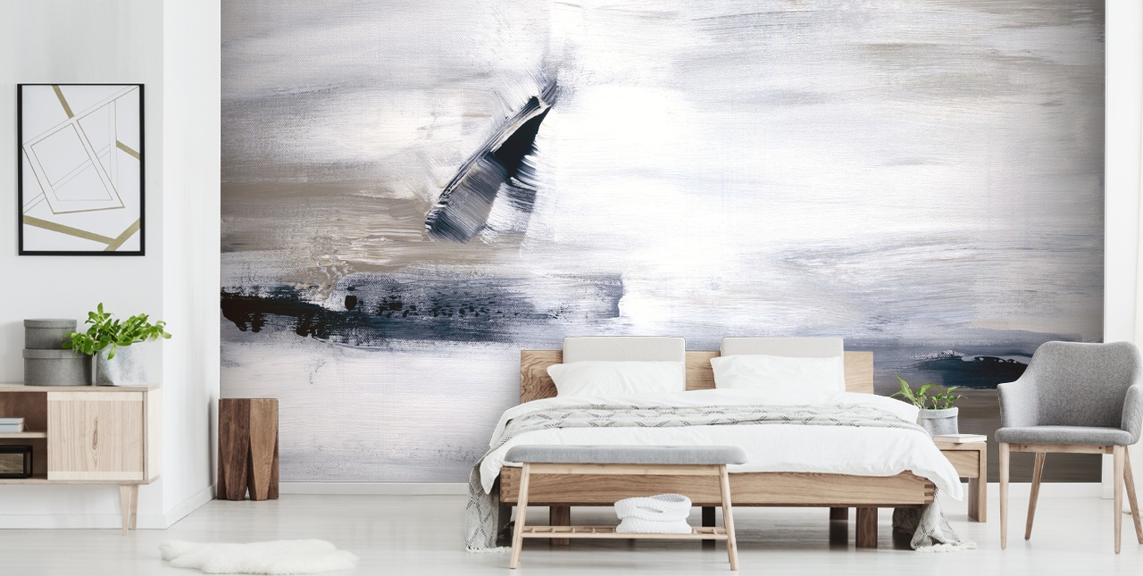 abstract wallpaper mural with blues and greys