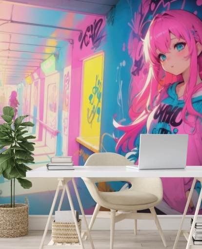 murale anime personalizzabile rosa, giallo e blu chiamato Anime Graffiti Girl per camerette per adolescenti murale anime personalizzabile rosa, giallo e blu chiamato Anime Graffiti Girl per camerette per adolescenti
