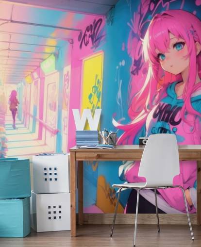 pink, yellow and blue customisable anime mural called Anime Graffiti Girl for teen bedrooms pink, yellow and blue customisable anime mural called Anime Graffiti Girl for teen bedrooms