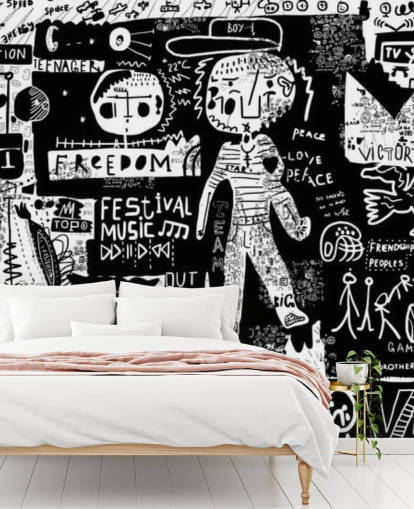 Personalisierbare schwarz-weiße Graffiti-Tapete namens Graffiti - Schwarz und Weiß für das Schlafzimmer eines Teenagers Personalisierbare schwarz-weiße Graffiti-Tapete namens Graffiti - Schwarz und Weiß für das Schlafzimmer eines Teenagers