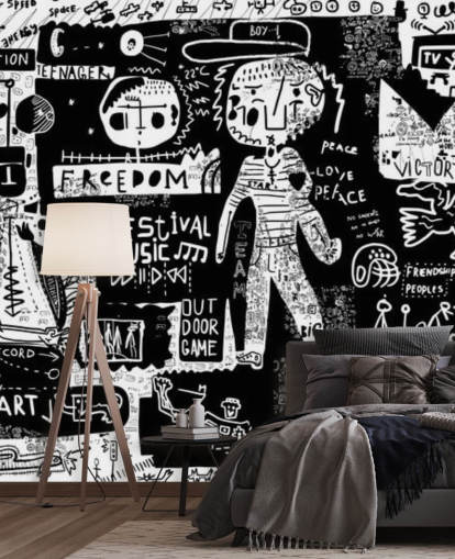 carta da parati graffiti personalizzabile in bianco e nero chiamata Graffiti - Bianco e nero per la camera da letto degli adolescenti carta da parati graffiti personalizzabile in bianco e nero chiamata Graffiti - Bianco e nero per la camera da letto degli adolescenti