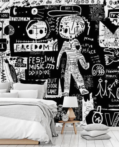 Personalisierbare schwarz-weiße Graffiti-Tapete namens Graffiti - Schwarz und Weiß für das Schlafzimmer eines Teenagers Personalisierbare schwarz-weiße Graffiti-Tapete namens Graffiti - Schwarz und Weiß für das Schlafzimmer eines Teenagers