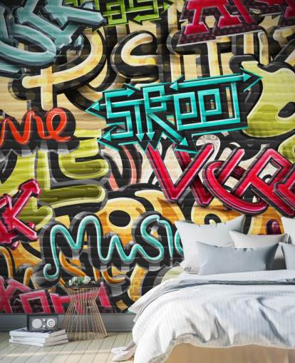 mural colorido de papel de parede de grafite personalizado chamado Graffiti - Rua para quarto de adolescente mural colorido de papel de parede de grafite personalizado chamado Graffiti - Rua para quarto de adolescente