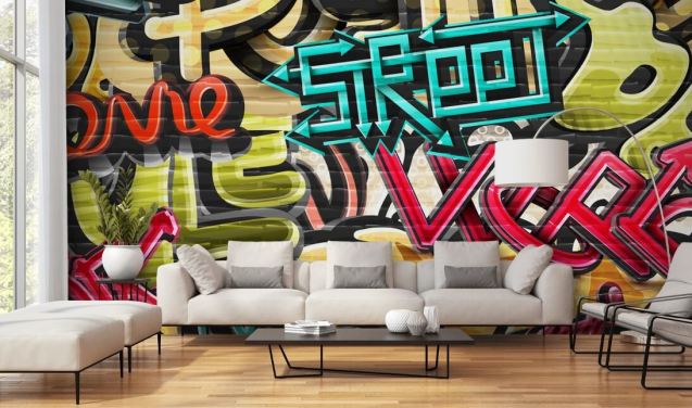 värikäs mukautettu graffiti-taustakuvamaalaus nimeltä Graffiti - Street teinin makuuhuoneeseen