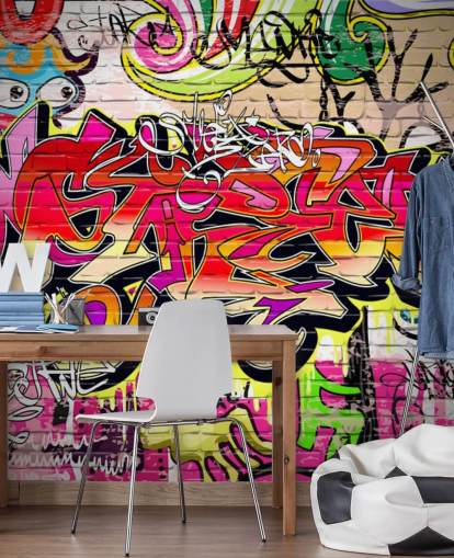 rosa, oransje og gult tilpasset graffiti tapetmaleri kalt Graffiti Wall for barnas soverom rosa, oransje og gult tilpasset graffiti tapetmaleri kalt Graffiti Wall for barnas soverom