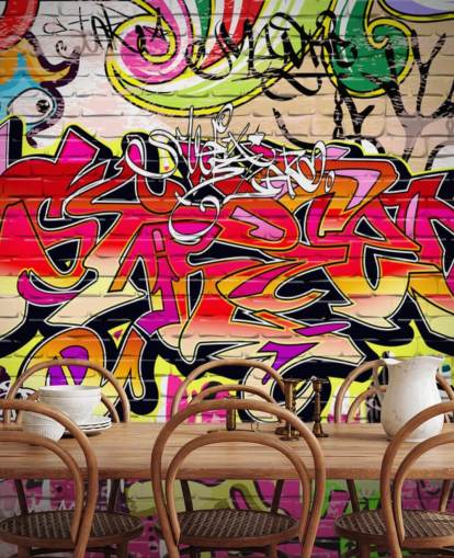 mural de papel pintado de graffiti personalizado rosa, naranja y amarillo llamado Graffiti Wall para dormitorios de niños mural de papel pintado de graffiti personalizado rosa, naranja y amarillo llamado Graffiti Wall para dormitorios de niños