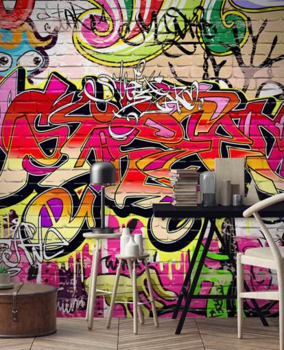 rosa, orange och gul anpassad graffiti tapetväggmålning kallad Graffiti Wall för barns sovrum rosa, orange och gul anpassad graffiti tapetväggmålning kallad Graffiti Wall för barns sovrum