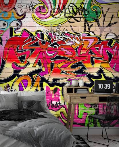 vaaleanpunainen, oranssi ja keltainen mukautettu graffiti-taustakuvamaalaus nimeltä Graffiti Wall lasten makuuhuoneisiin vaaleanpunainen, oranssi ja keltainen mukautettu graffiti-taustakuvamaalaus nimeltä Graffiti Wall lasten makuuhuoneisiin