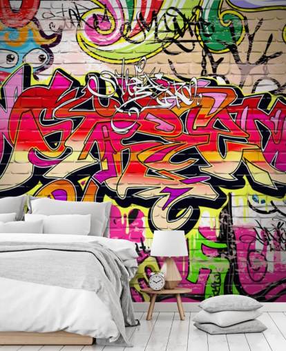 mural de papel de parede de grafite personalizado rosa, laranja e amarelo chamado Graffiti Wall para quartos infantis mural de papel de parede de grafite personalizado rosa, laranja e amarelo chamado Graffiti Wall para quartos infantis