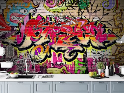 rosafarbenes, orangefarbenes und gelbes individuelles Graffiti-Tapeten-Wandbild namens Graffiti Wall für Kinderzimmer